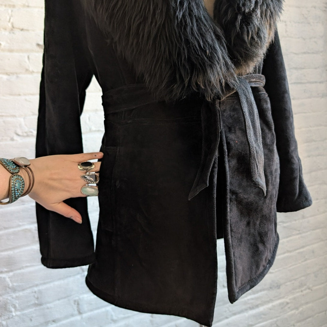 Vintage Black Suede Penny Lane Coat Fur Mini Trench Minimalist Goth Furry Jacket