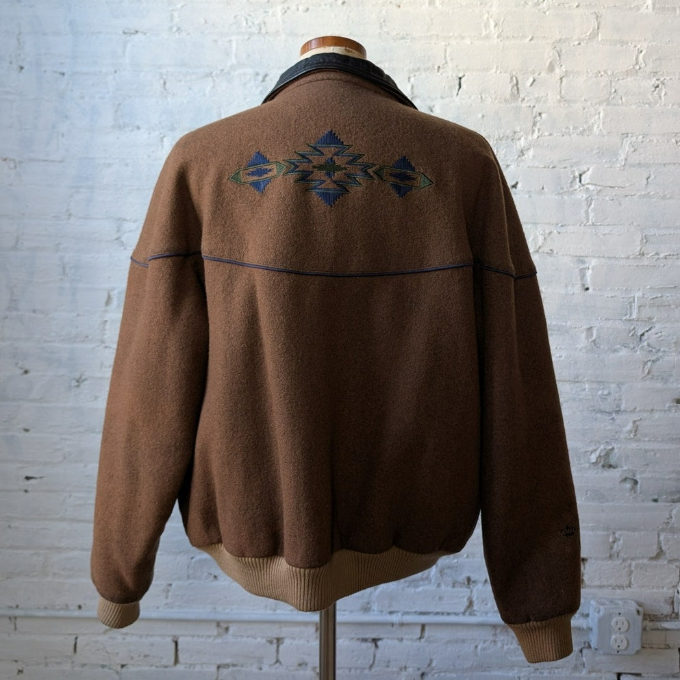Vintage Brown Wool Leather Bomber Jacket Western Utility Cowboy Chore Coat Large