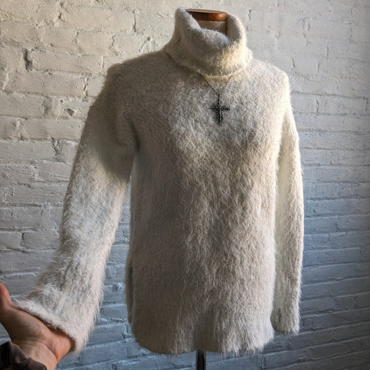 Vintage White Fuzzy Knit Sweater Preppy Furry Minimalist Turtleneck Top Small