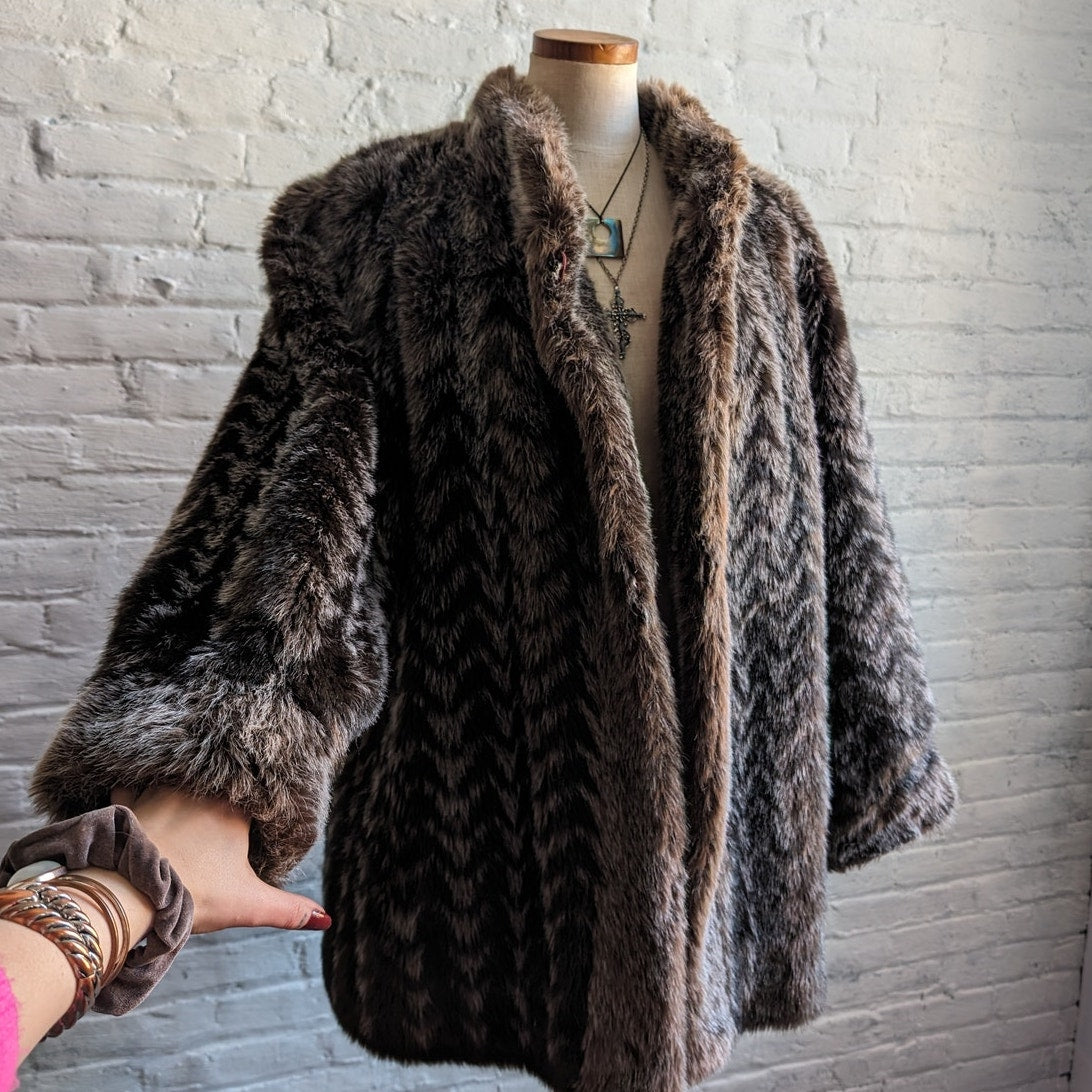 Vintage Brown Chevron Faux Fur Coat Groovy 70s Shaggy Festival Penny Lane Jacket
