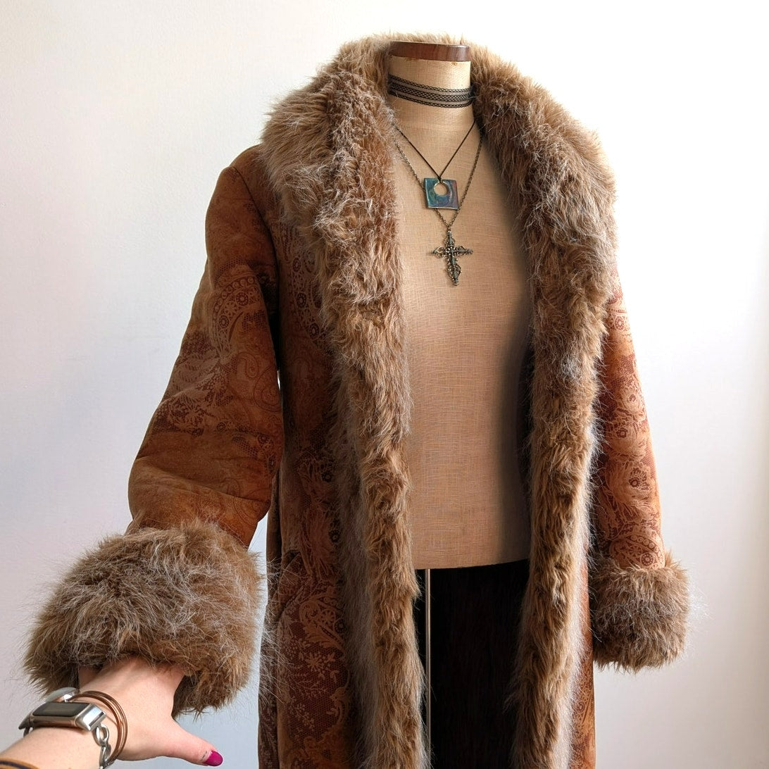 Vintage Penny Lane Groovy Faux Fur Jacket Boho Afghan Tapestry Trench Coat Small