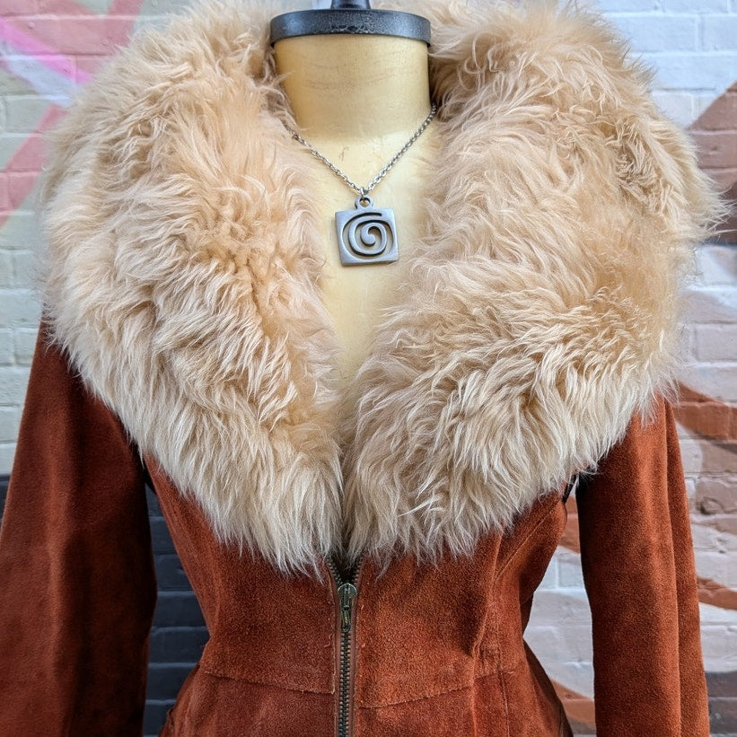 70s Penny Lane Groovy Suede Fur Jacket Furry Genuine Leather Mod Trench Coat