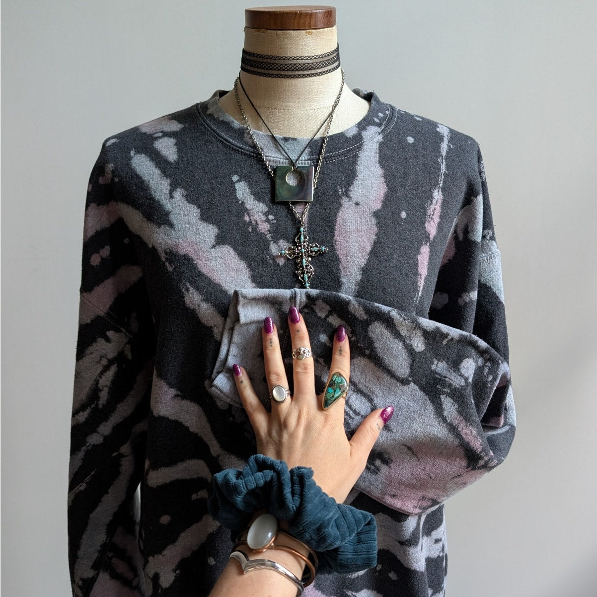 Vintage Black Custom Bleach Sweatshirt Distressed Tie Dye Festival Sweater Large
