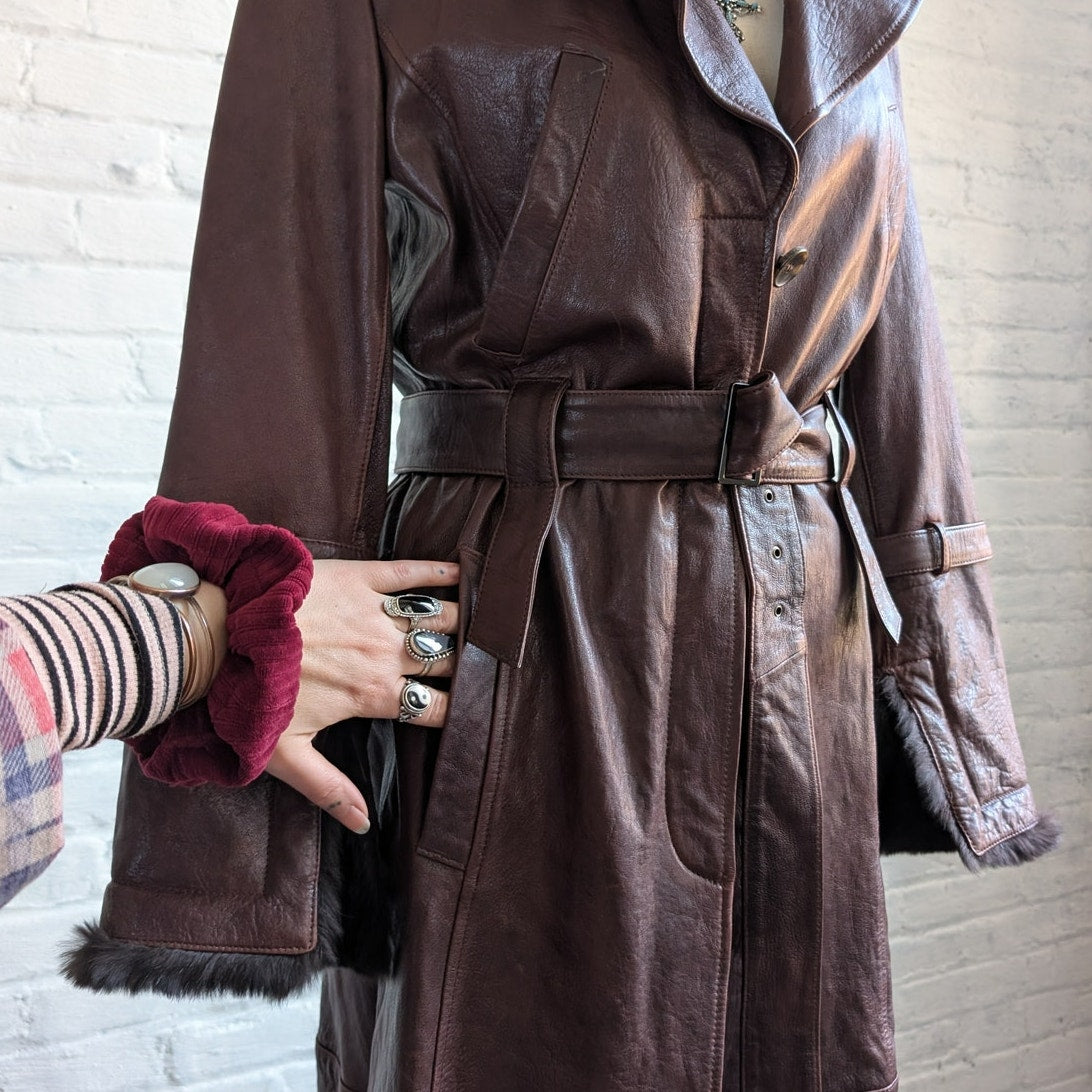 Vintage Burgundy Leather Penny Lane Trench Coat Genuine Fur Grunge Boho Jacket