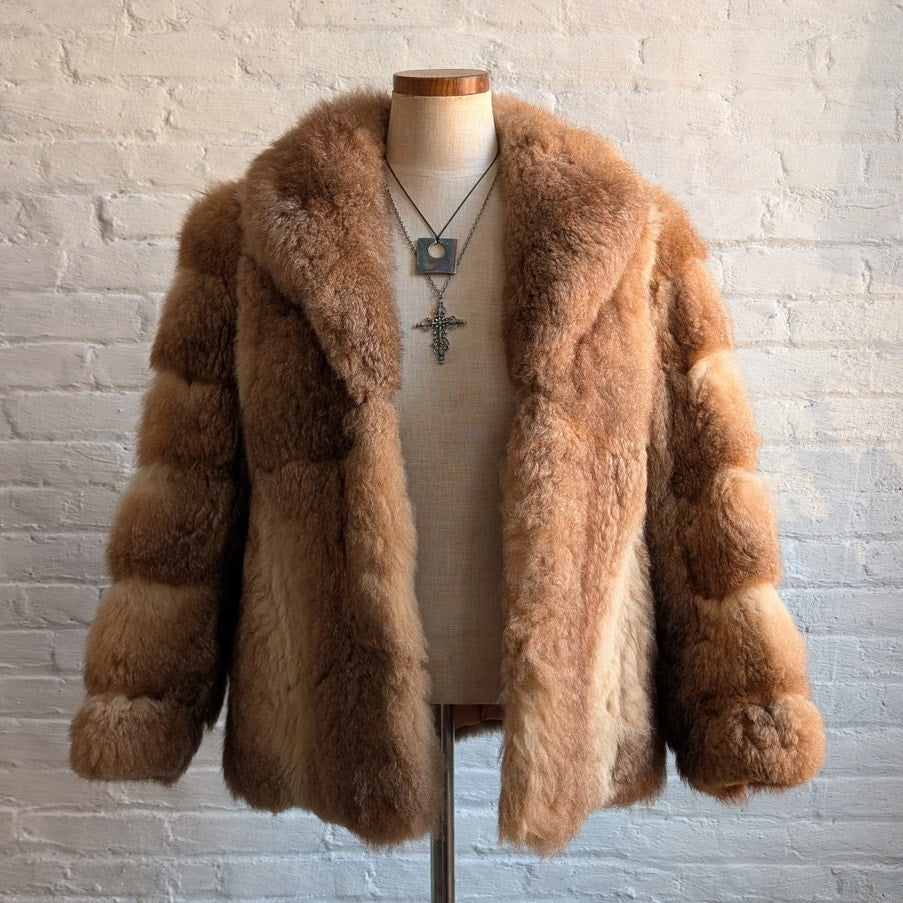 Vintage Ombre Brown Rabbit Fur Coat Crop Penny Lane Crimpy Furry Chic Mod Jacket