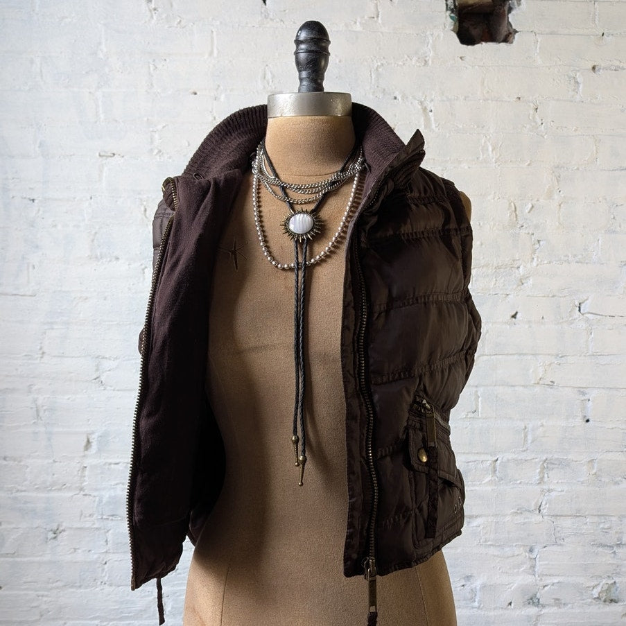 Y2K Dark Chocolate Brown Puffer Vest Quilted Cropped Thermal Zip Up Jacket Top