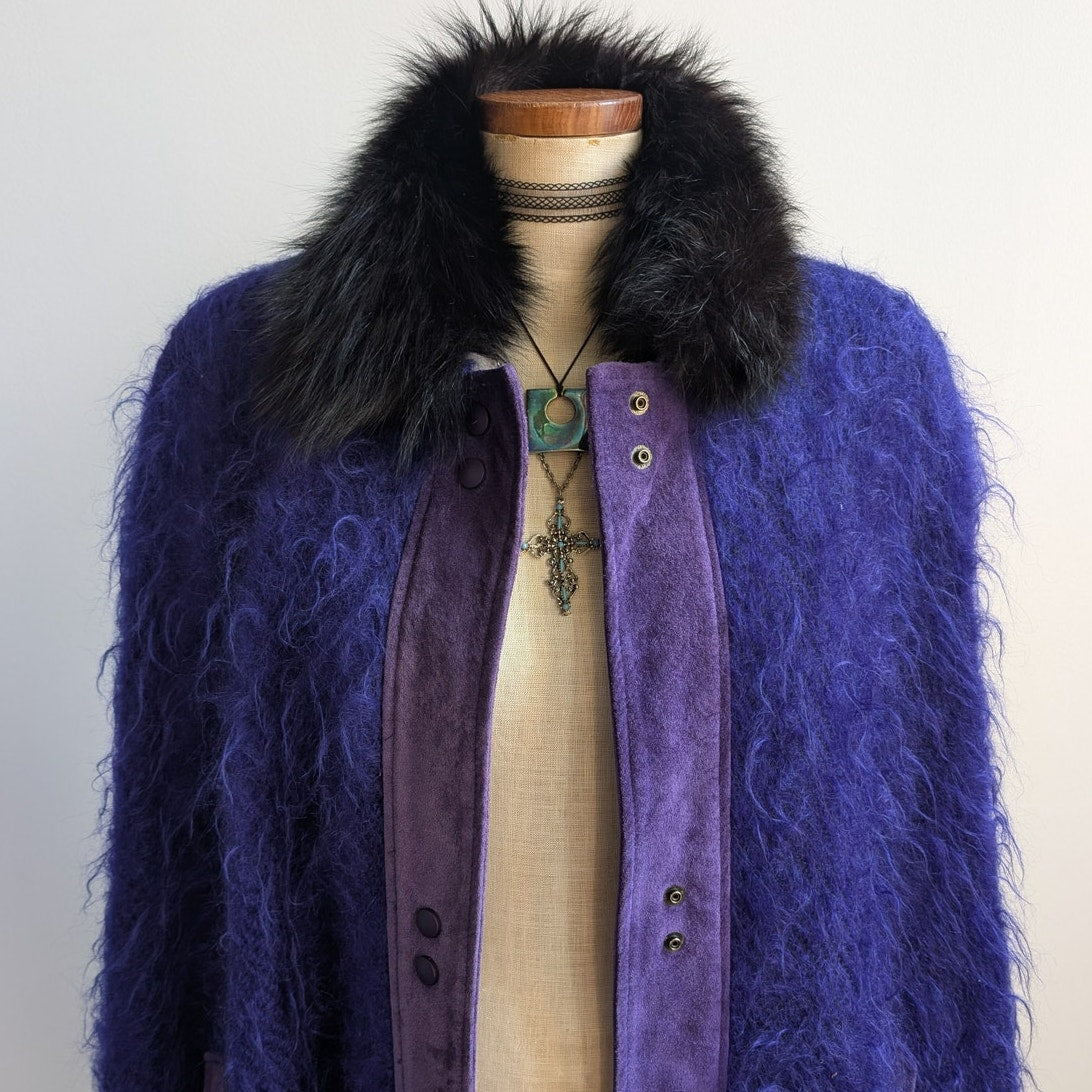 Vintage Purple Suede Mohair Cape Wool Jacket Shag Fur Coat Leather Poncho Medium