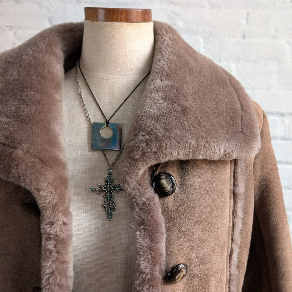 Vintage Brown Suede Leather Penny Lane Coat Shearling Minimalist Cozy Fur Jacket
