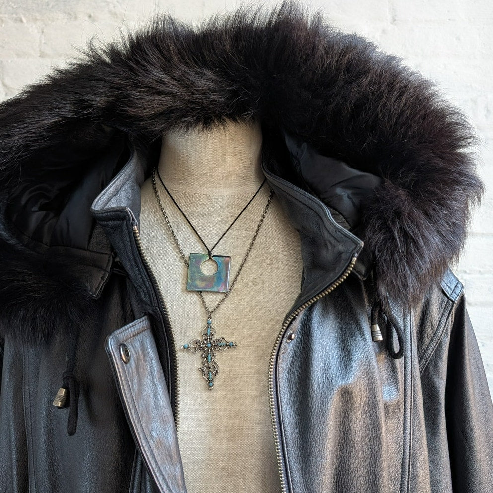 Vintage Black Leather Fox Fur Coat Penny Lane Minimalist Boho Moto Grunge Jacket