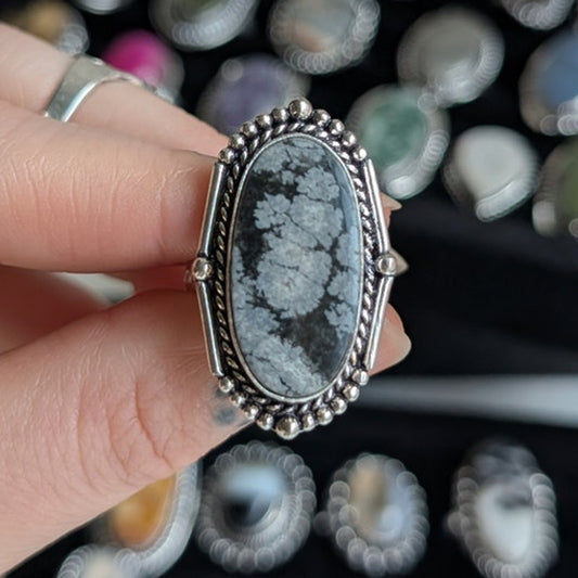Black and White Natural Stone Ring Boho Chic Sterling Silver Vintage Size 6.75
