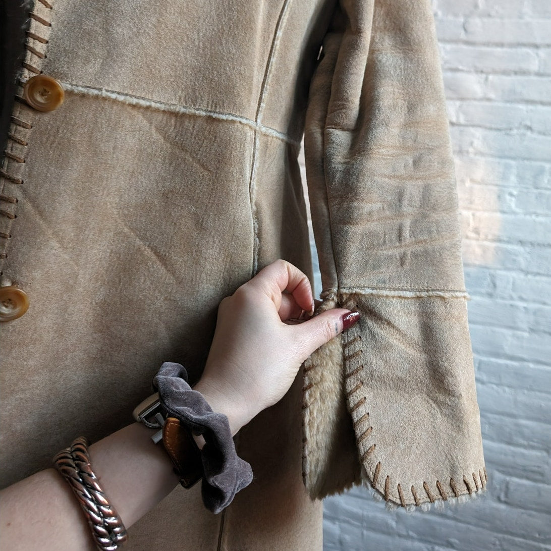 Vintage Neutral Tan Suede Leather Duster Groovy Boho Faux Fur Trench Coat Jacket