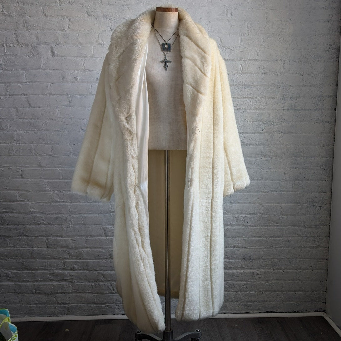Vintage White Faux Fur Trench Coat Mob Wife Fuzzy Glam Plush Snow Bunny Jacket