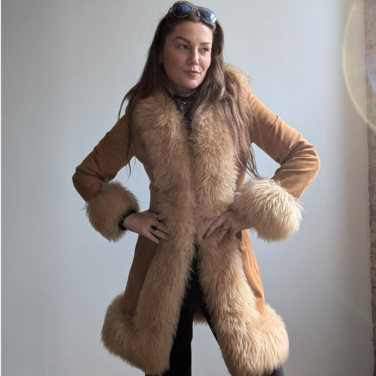 Vintage Tan Brown Suede Penny Lane Jacket Fur Furry Leather Trench Coat Small