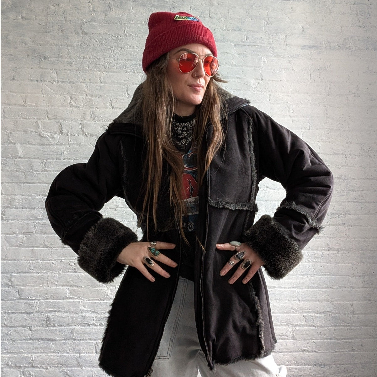 Vintage Black Faux Fur Afghan Penny Lane Jacket Shaggy Furry Boho Trench Coat