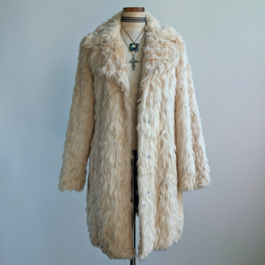 White Shaggy Faux Fur Trench Coat Cream Furry Penny Lane 70s Afghan Jacket Small