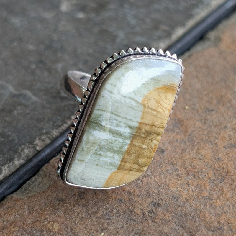 Cream Silver Boho Statement Ring Western Vintage Southwest Neutral Size 8.5