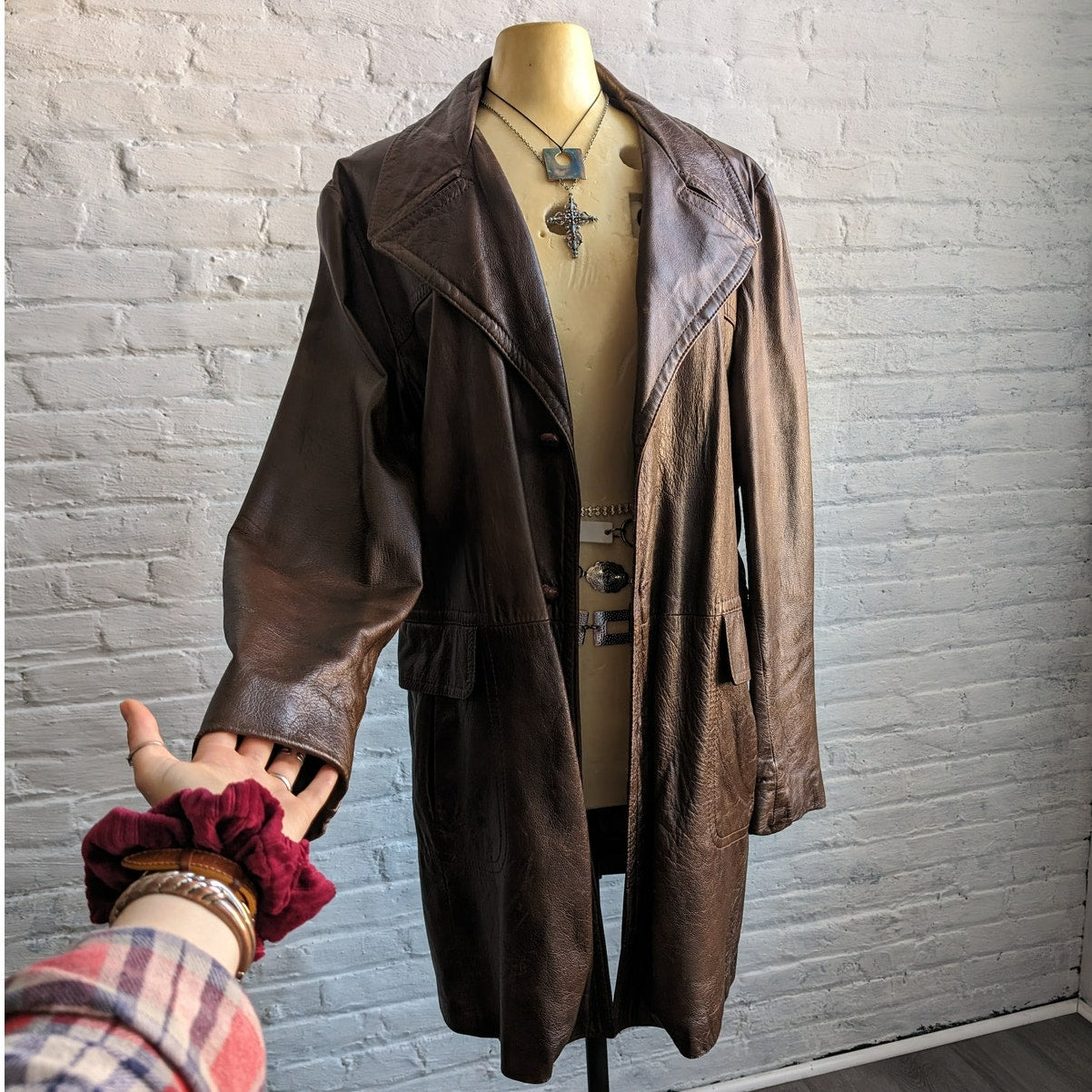 Vintage Brown Leather Jacket Western Trench Coat Earthy Cowboy Minimalist Coat L
