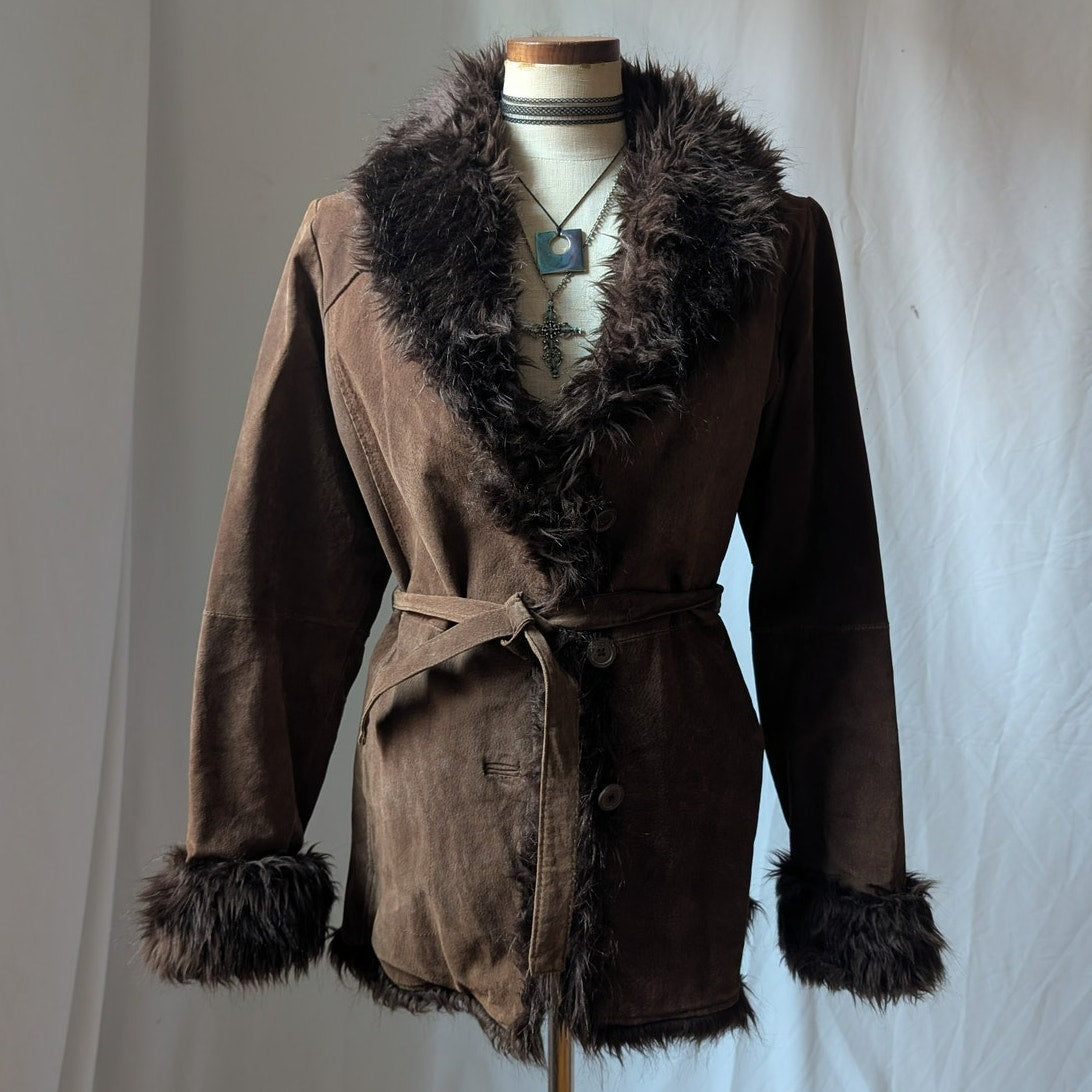 Y2K Vintage Brown Suede Penny Lane Coat M Faux Fur Leather Jacket Boho Afghan