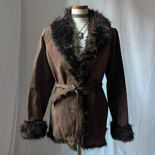 Y2K Vintage Brown Suede Penny Lane Coat M Faux Fur Leather Jacket Boho Afghan