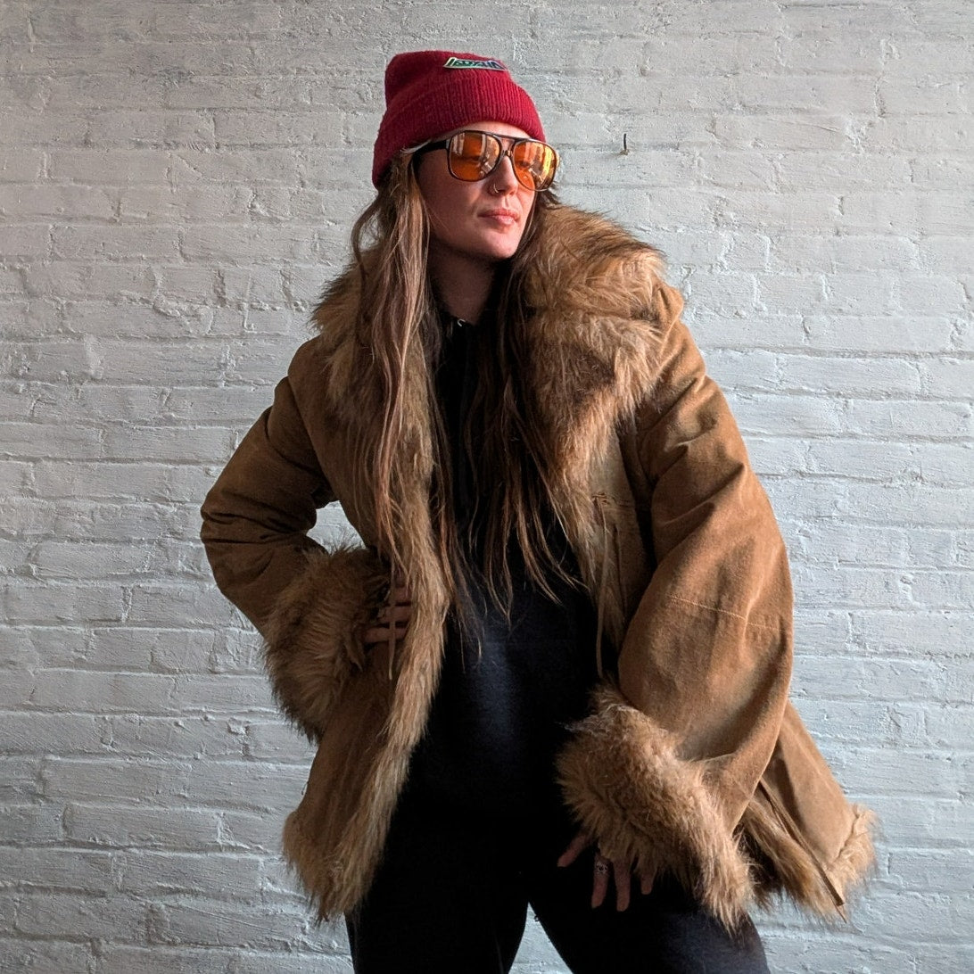 Vintage Brown Suede Penny Lane Jacket Afghan Faux Fur Groovy Leather Trench Coat