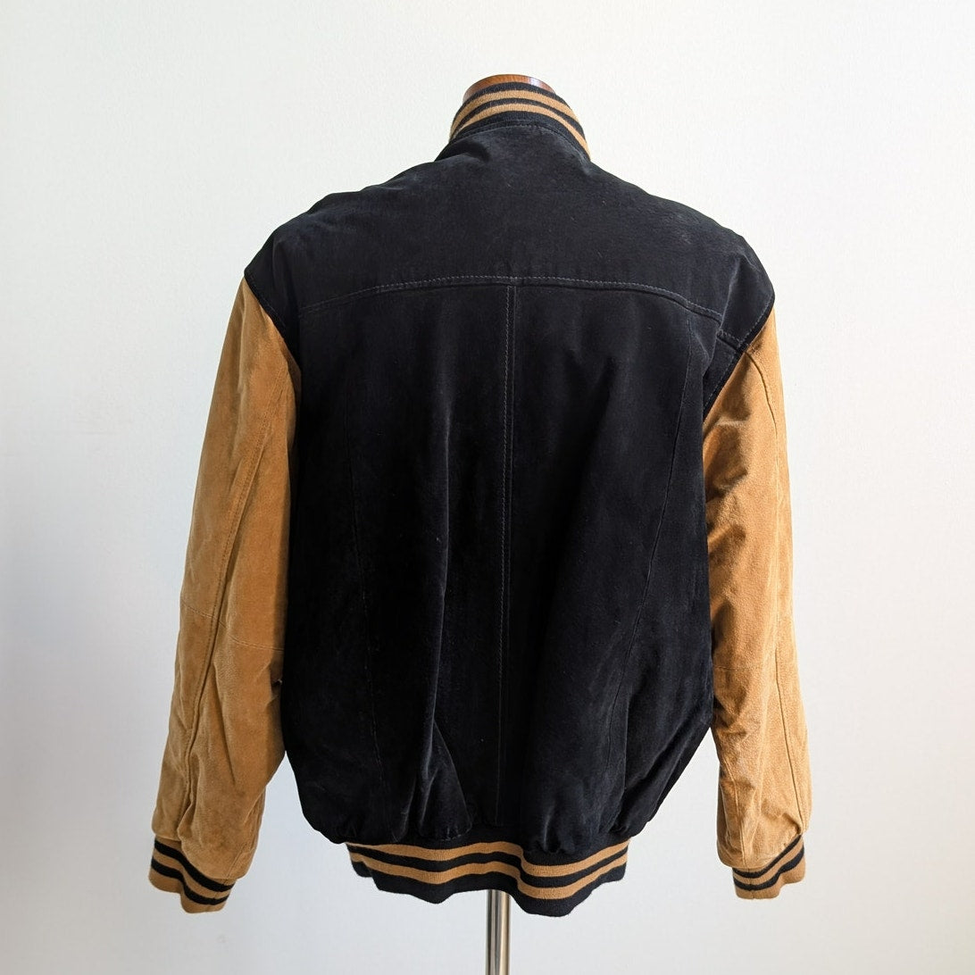 Vintage Black Leather Bomber Jacket Brown Suede Jacket Y2K Varsity Preppy Large
