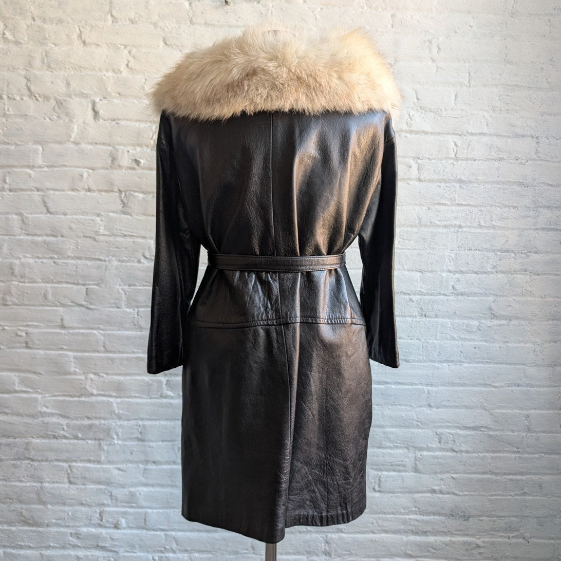 Vintage Black Genuine Leather Penny Lane Coat Fox Fur Trench Minimalist Jacket