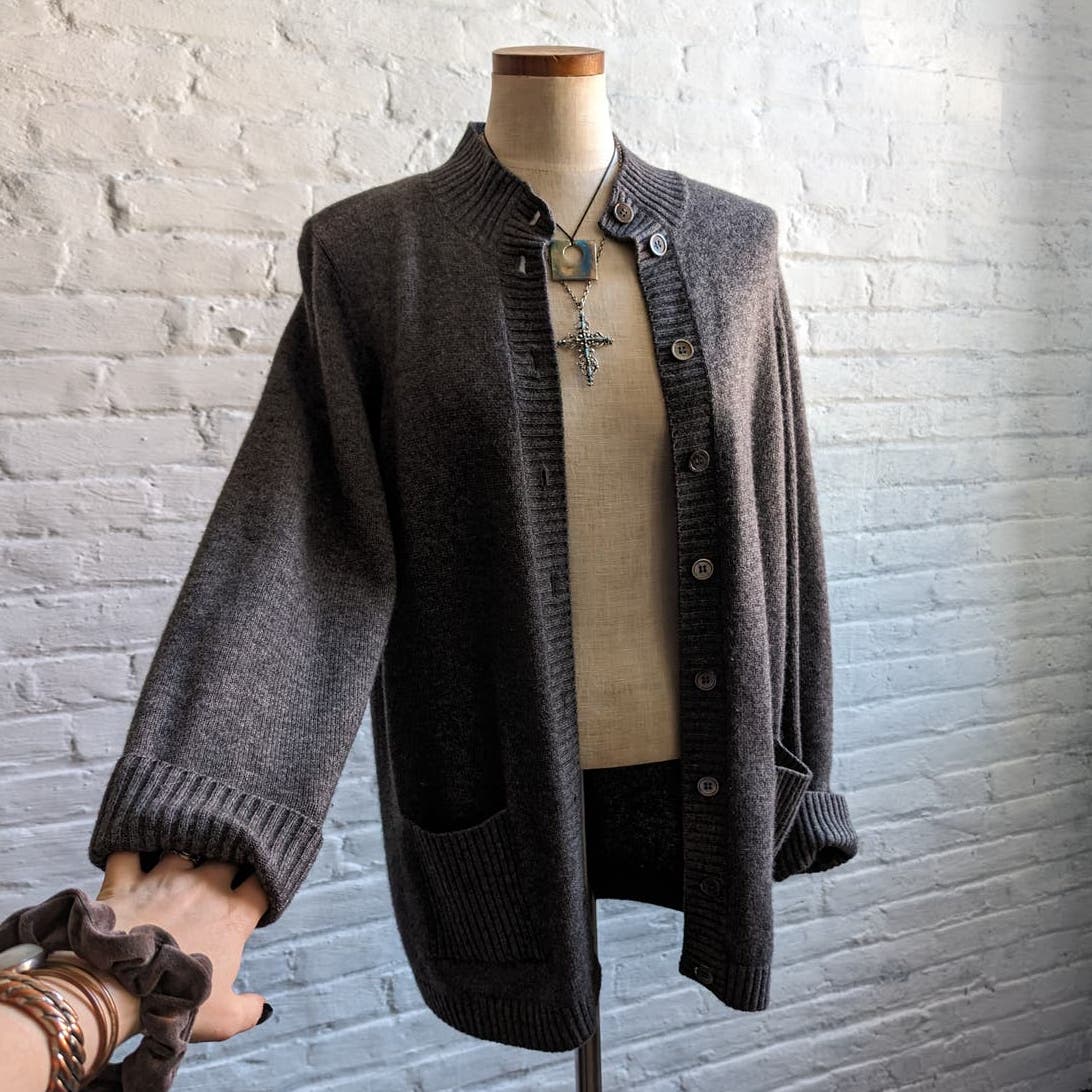 Vintage Cashmere Knit Grandpa Cardigan Minimalist Wool Prep Grey Grunge Sweater