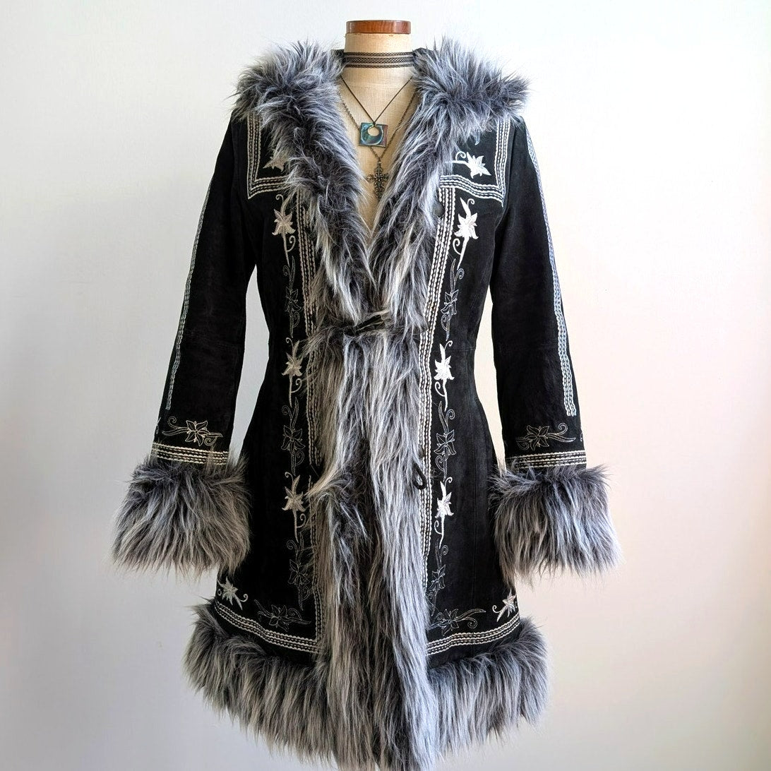 Vintage Black Suede Coat Penny Lane Groovy Faux Fur Jacket Afghan Trench Medium