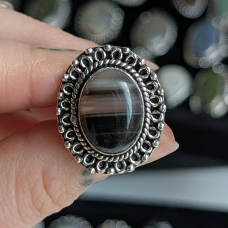 Grey Swirl Oval Sterling Silver Ring Retro Vintage Boho Natural Stone Size 6.75