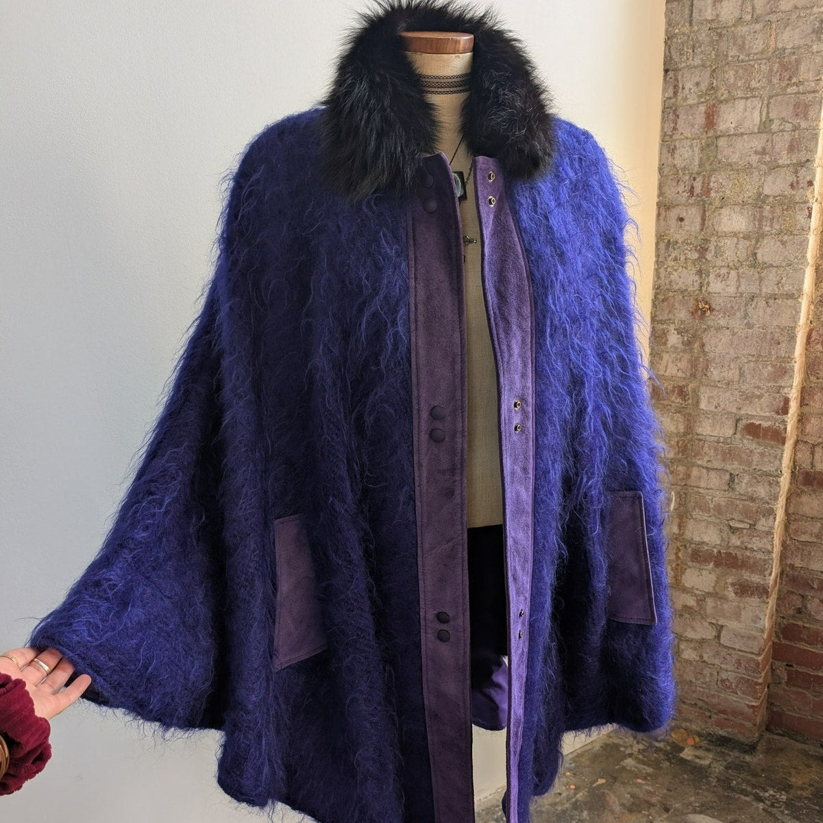 Vintage Purple Suede Mohair Cape Wool Jacket Shag Fur Coat Leather Poncho Medium