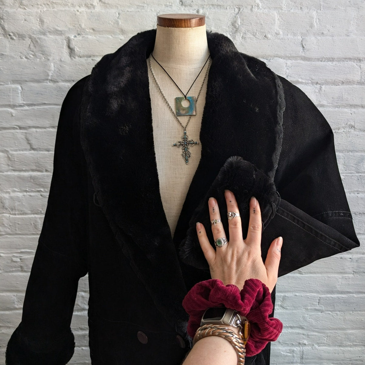 Vintage Black Suede Leather Trench Coat Fur Trim Leather Winter Jacket Large