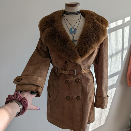 Vintage Brown Suede Penny Lane Coat Fur 70s Leather Jacket Boho Afghan Medium