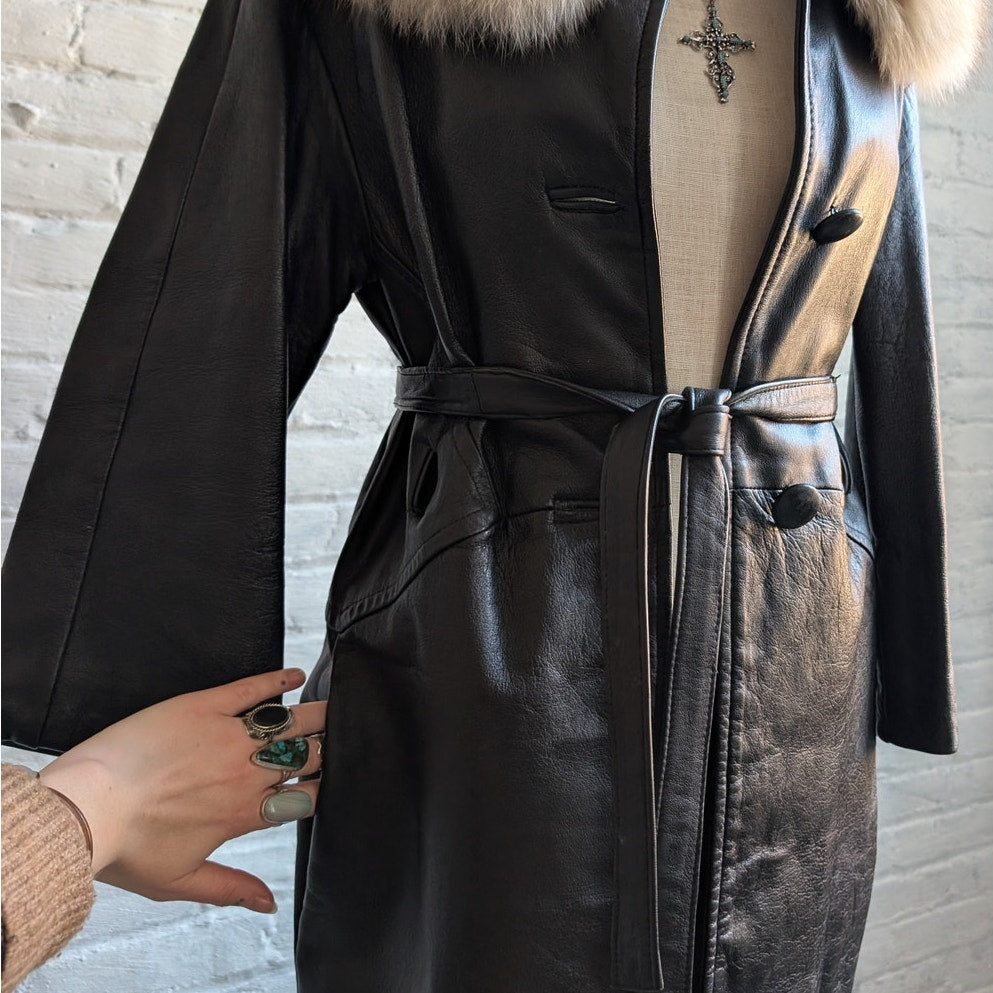 Vintage Black Genuine Leather Penny Lane Coat Fox Fur Trench Minimalist Jacket