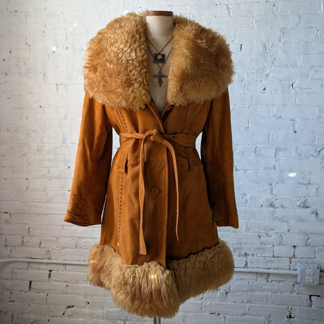 Vintage Orange Suede Penny Lane Jacket Leather Trench Coat Faux Fur Coat Large