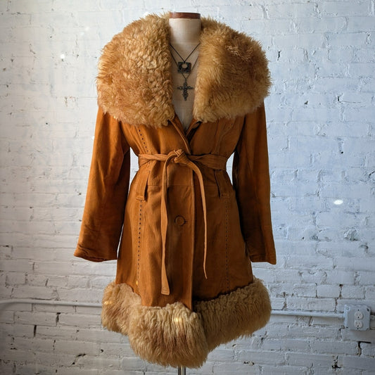 Vintage Orange Suede Penny Lane Jacket Leather Trench Coat Faux Fur Coat Large