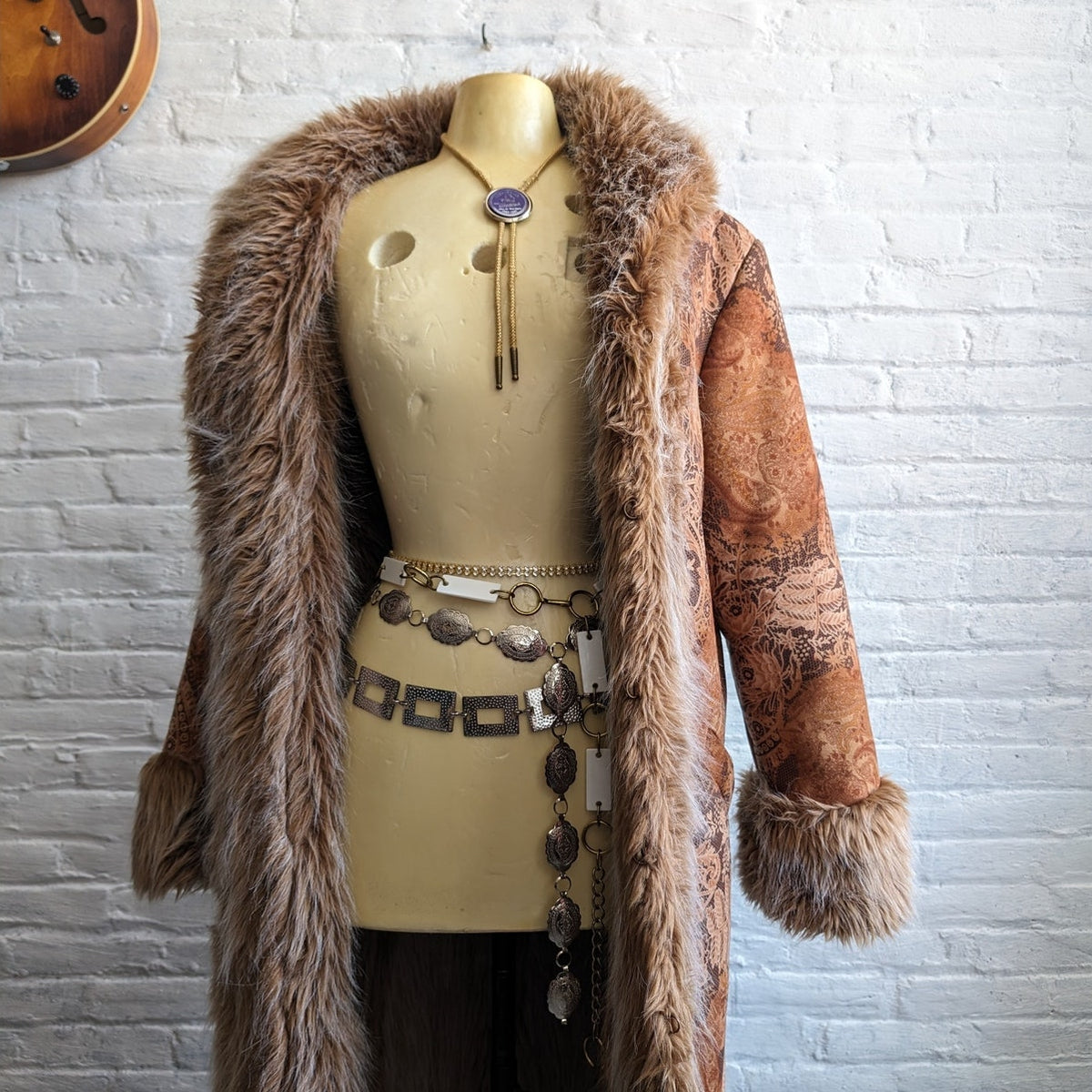 90s Vintage Penny Lane Groovy Faux Fur Jacket S Boho Afghan Tapestry Trench Coat