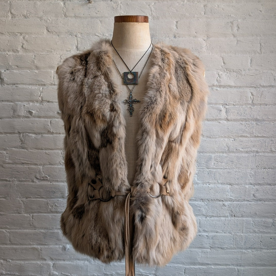 Vintage Cream Rabbit Fur Vest Penny Lane Fuzzy Spotted Groovy Boho Moto Jacket