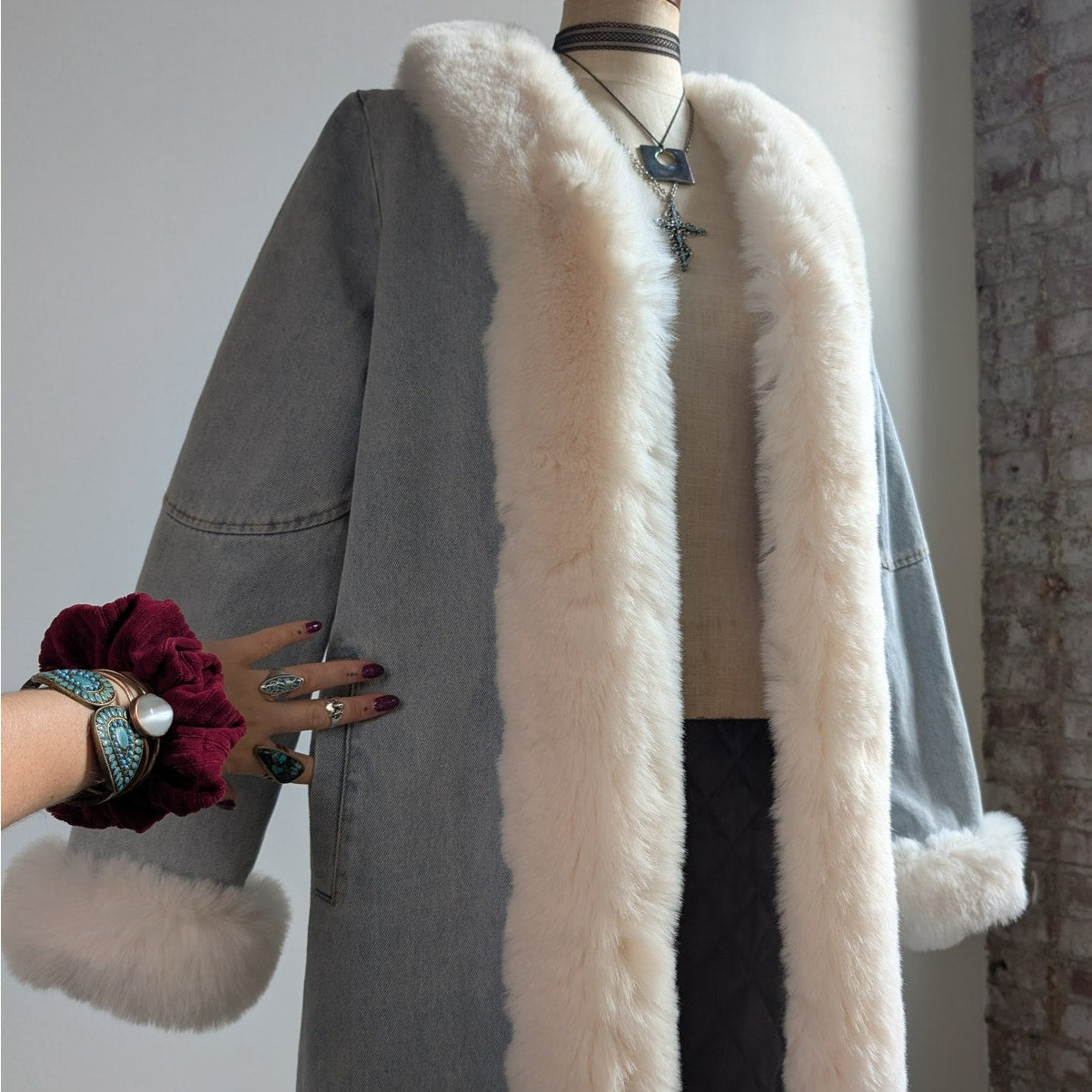 Y2K Faux Fur Penny Lane Afghan Coat Denim Trench Coat 90s Boho Jean Jacket Large