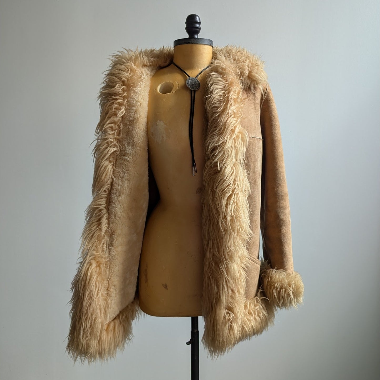 70s Vintage Brown Leather Penny Lane Coat Tan Suede Fur Groovy Boho Afghan Coat