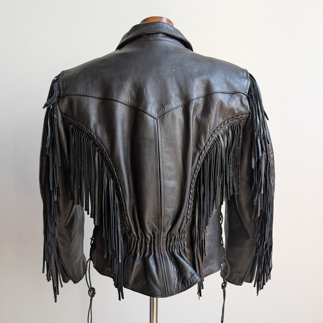 Vintage Black Leather Biker Jacket Fringe Sexy Moto Cowgirl Western Coat Small