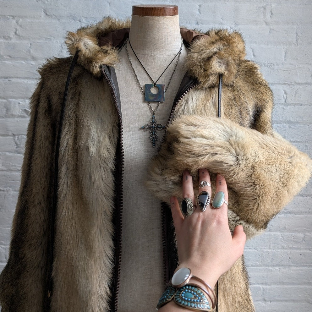 Vintage Brown Faux Fur Coat Groovy Shaggy Retro Mob Wife Boho Penny Lane Jacket