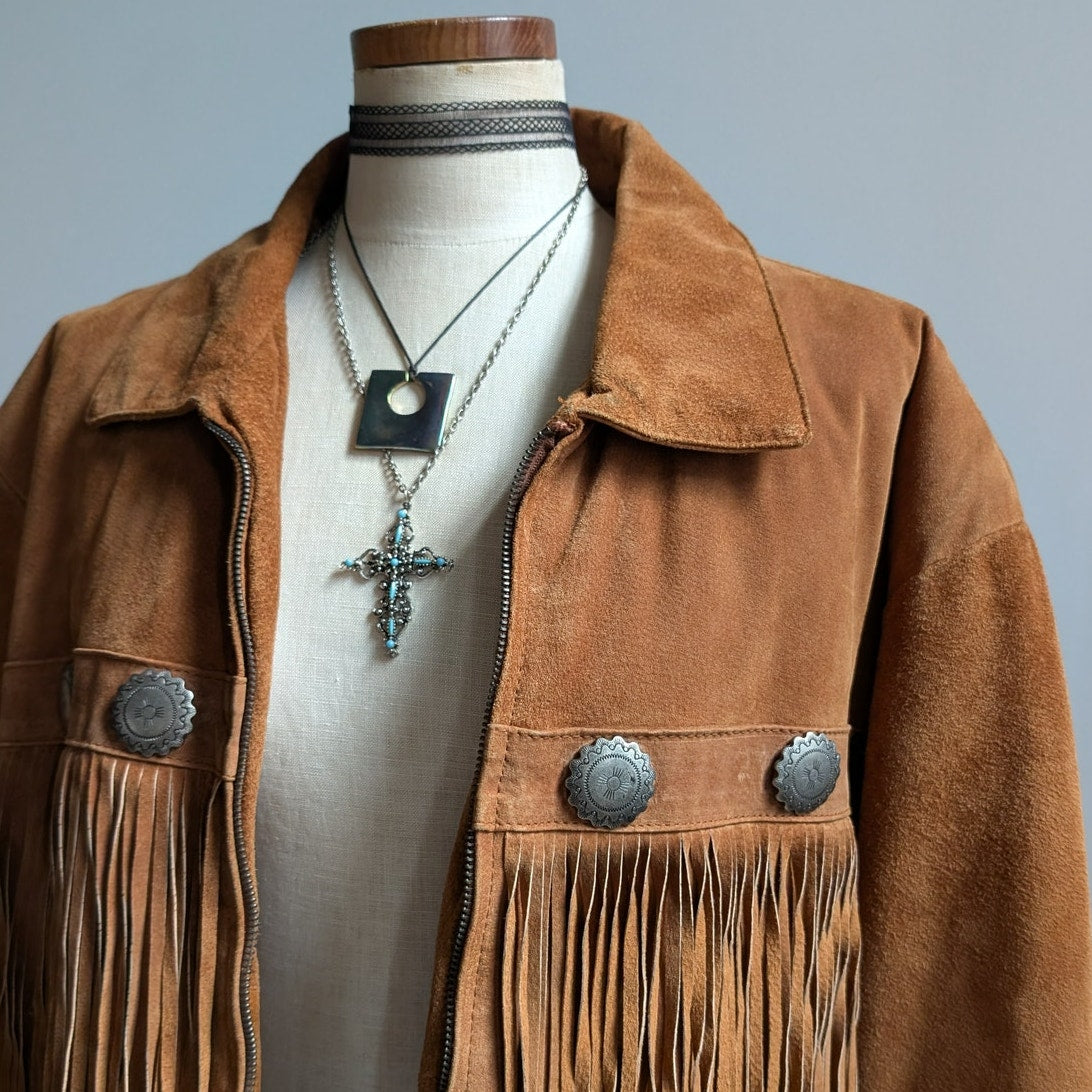 Vintage Brown Suede Leather Jacket Fringe Biker Western Moto Bomber Coat Large