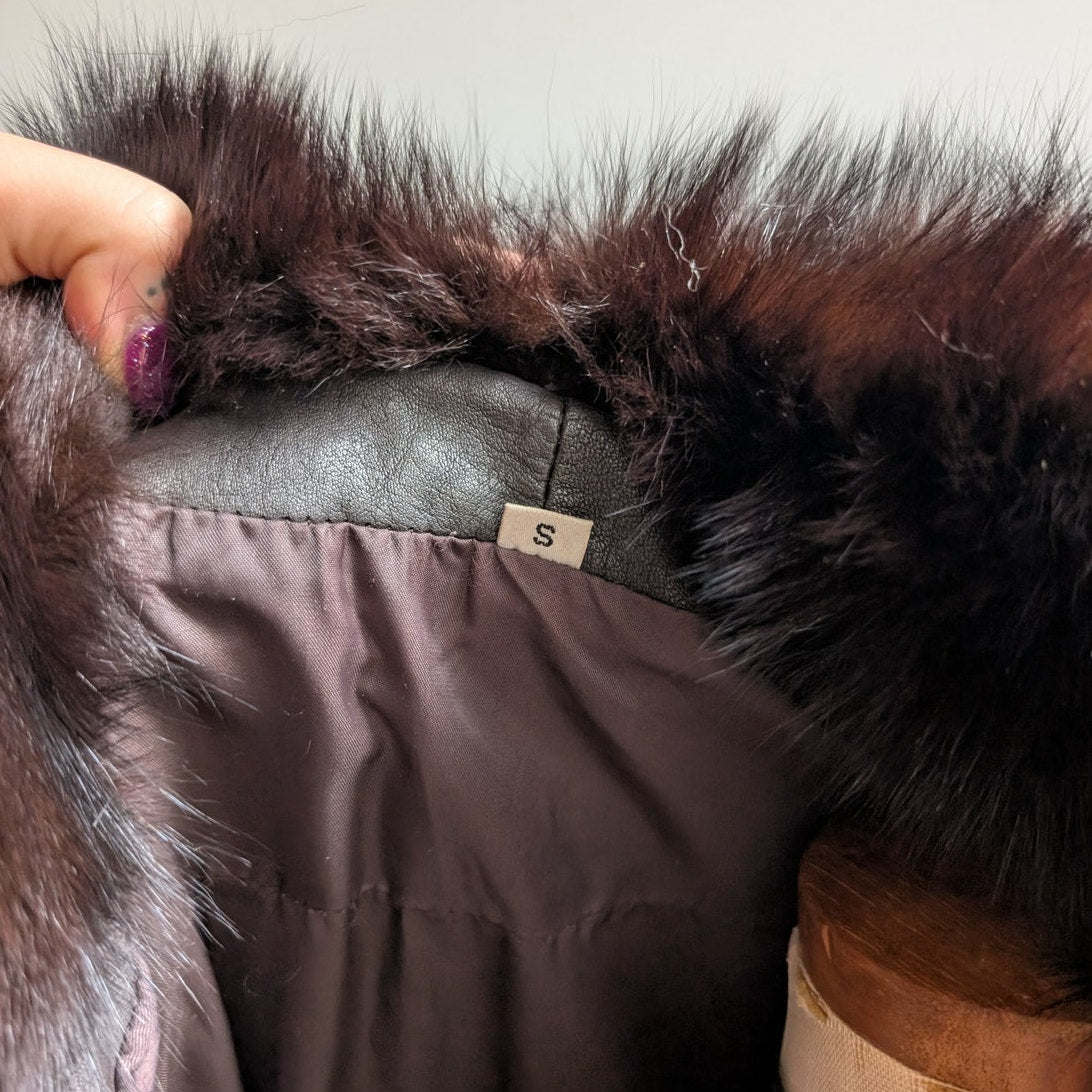 Vintage Black Leather Trench Coat Fur Penny Lane Jacket Goth Minimalist Large