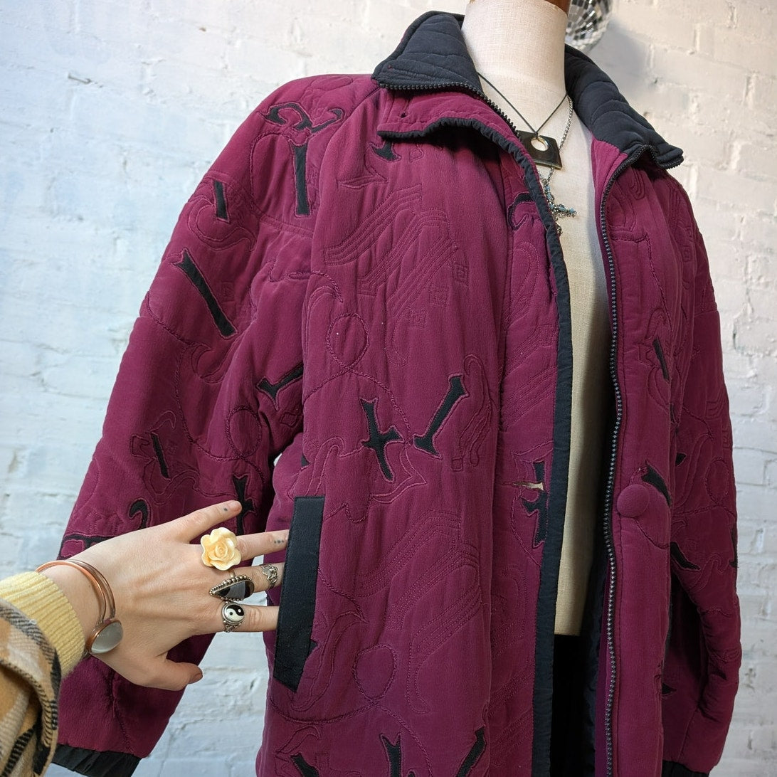 Vintage Purple Silk Jacket Embroidered Quilted Utility Boho Blanket Coat Small