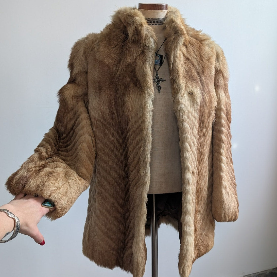 Vintage Brown Fur Coat Coyote Fox Fur Trim Coat Tan Neutral Winter Jacket Medium
