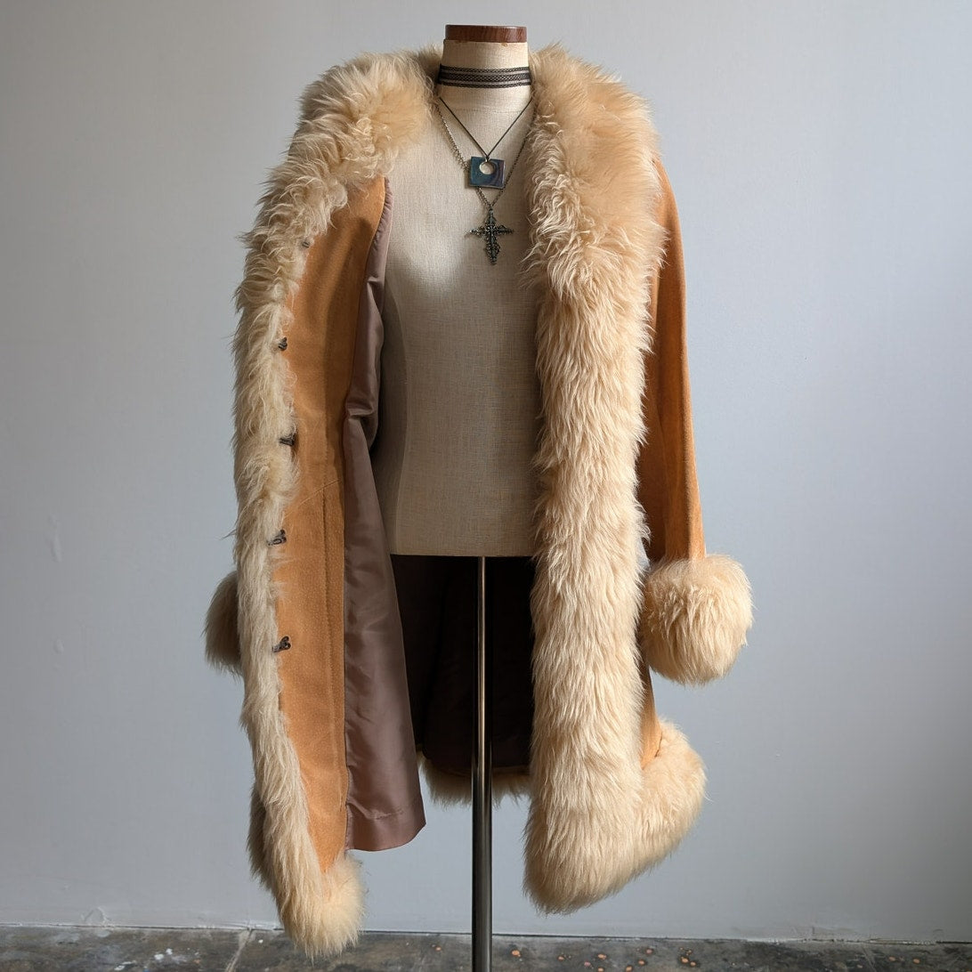 Vintage Tan Brown Suede Penny Lane Jacket Fur Furry Leather Trench Coat Small