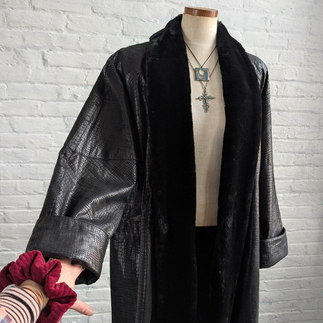 Vintage Black Leather Faux Fur Trench Coat Penny Lane Grunge Snakeskin Jacket