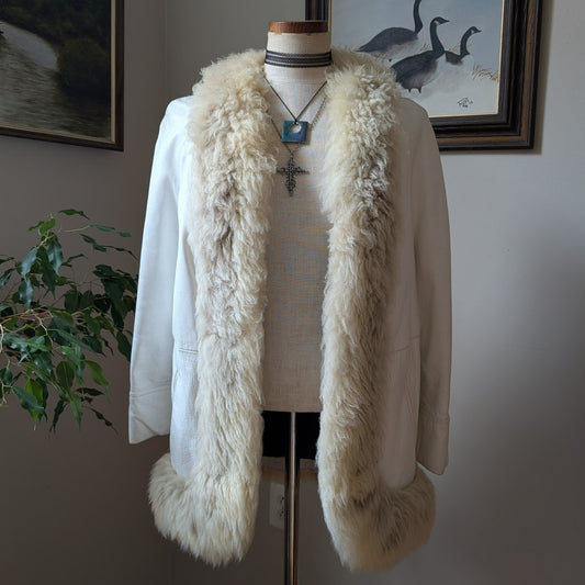 70s White Leather Penny Lane Coat L Vintage Afghan Jacket Boho Wedding Fur Coat