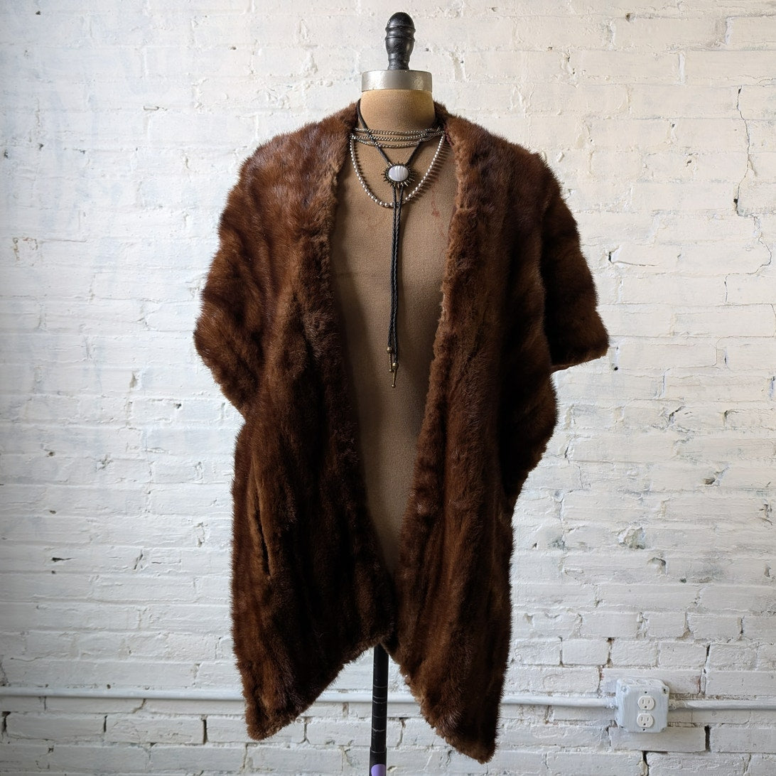 Vintage Brown Mink Fur Stole Scarf Mob Wife Shawl Genuine Furry Boho Chic Shrug