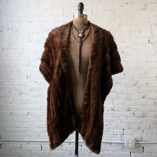 Vintage Brown Mink Fur Stole Scarf Mob Wife Shawl Genuine Furry Boho Chic Shrug